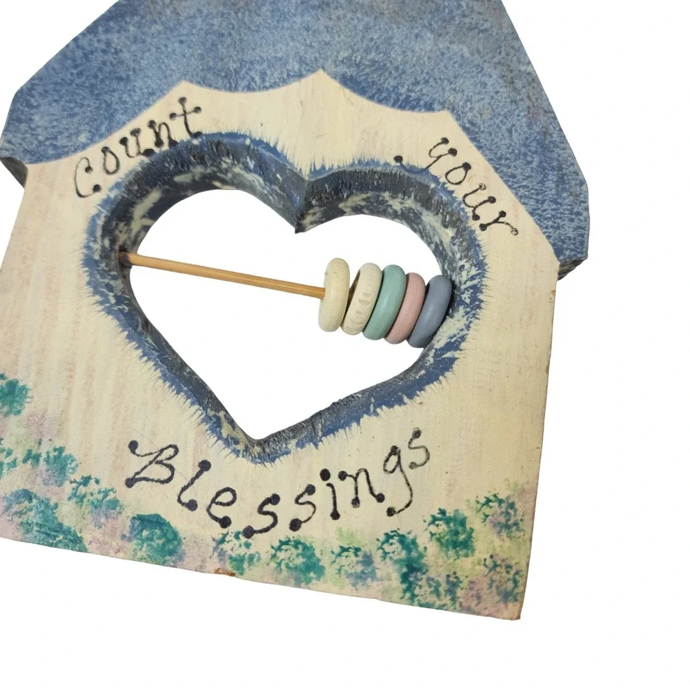 Vintage Count Your Blessings Wooden House Wall Plaque Abacus Heart Cutout Blue